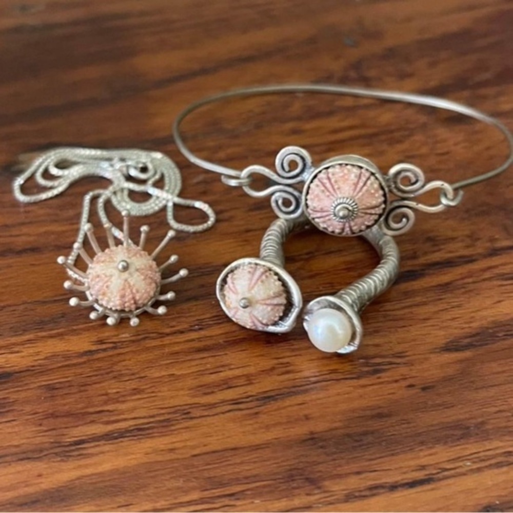 Beach Jewelry - Handmade Sea Urchin Sterling Silver Necklace Ring Cuff Bracelet